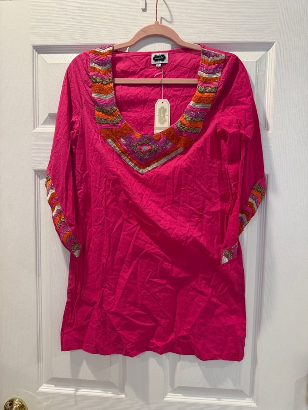 Mud Pie Hot Pink Embroidered V-Neck Tunic